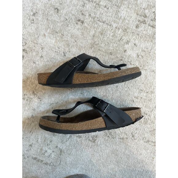 Birkenstock Size 39 Gizeh Birko Flor Sandals Black Leather Buckle Preloved - Picture 6 of 8